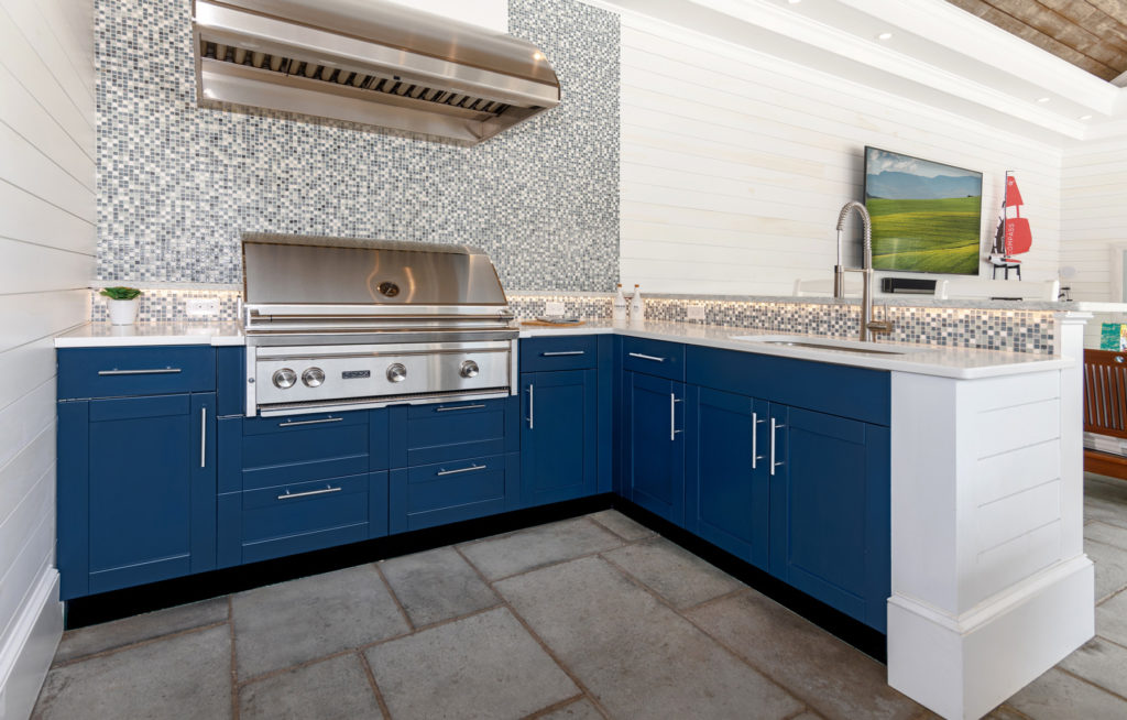 blue stainless outdoor kitchen